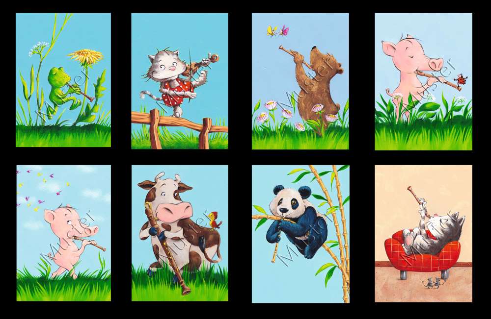 Animals postcard set: frog, fiddle cat, bear, 2x little pig, cow, panda, cat on sofa